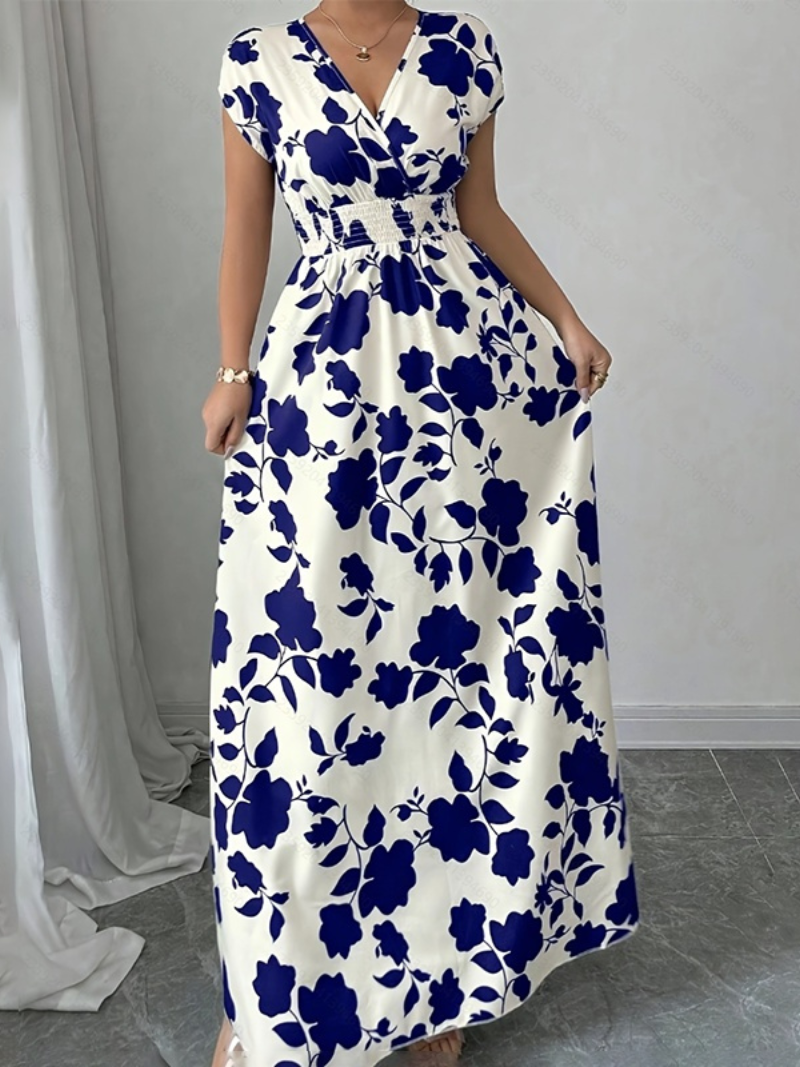 Emily - Elegant Women's Summer Maxi Dress with V-Neck and Floral Print