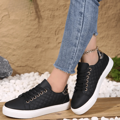 Evie - Casual Women's Trainers with Quilted Panel and Gold Eyelet Lace-Up