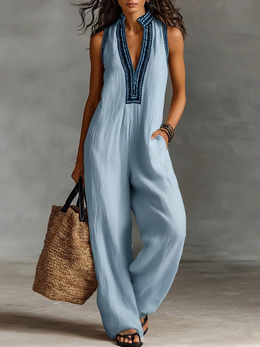 Evie - Boho Women's Linen Jumpsuit with Striped Trim and Wide Legs