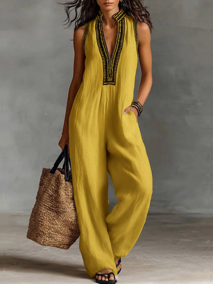 Evie - Boho Women's Linen Jumpsuit with Striped Trim and Wide Legs