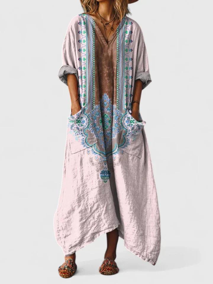 Evie - Boho Women's Linen Maxi Dress with Long Sleeves and Deep Pockets