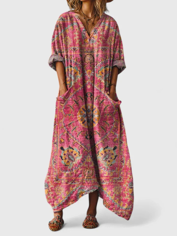 Evie - Boho Women's Linen Maxi Dress with Long Sleeves and Deep Pockets