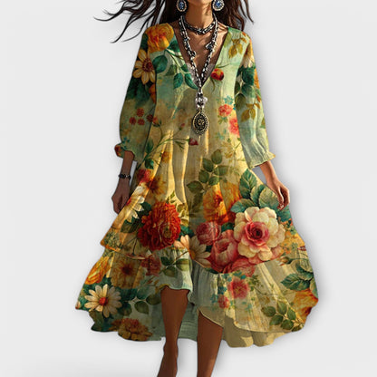 Evie - Boho Women's Maxi Dress with Long Sleeves and Asymmetric Hem
