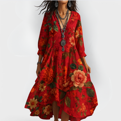 Evie - Boho Women's Maxi Dress with Long Sleeves and Asymmetric Hem