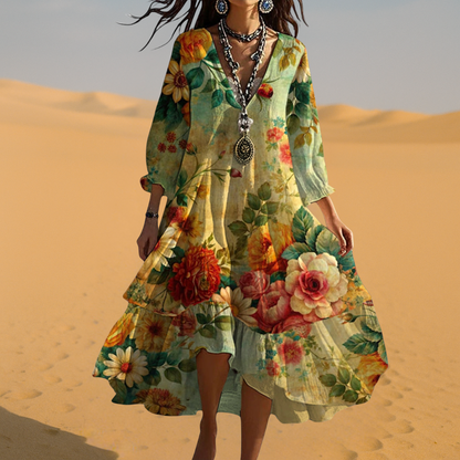 Evie - Boho Women's Maxi Dress with Long Sleeves and Asymmetric Hem