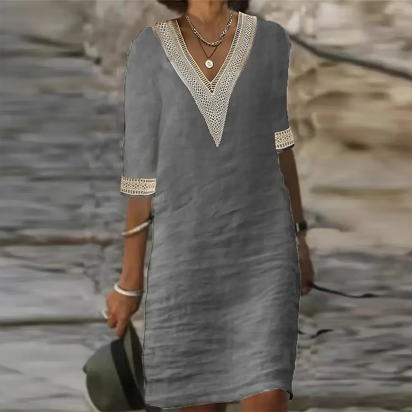 Evie - Boho Women's Summer Dress with V-Neck and Crochet Trim