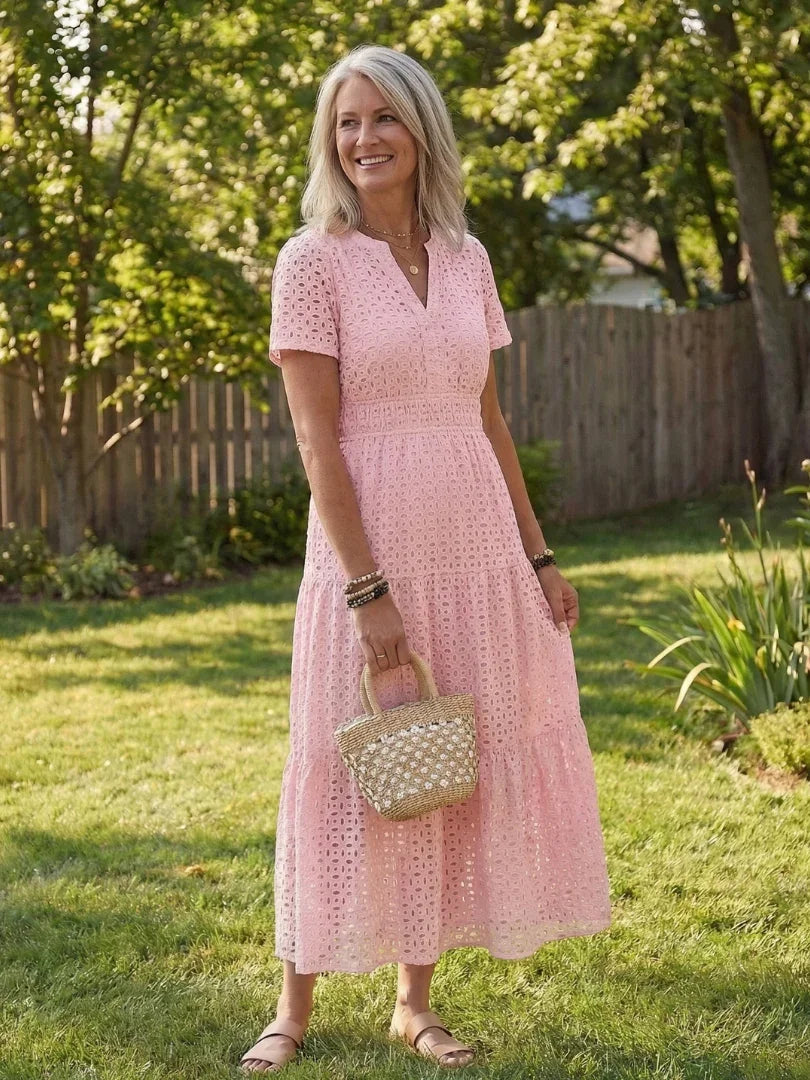 Evie - Boho Women's Summer Midi Dress with V-Neck and Eyelet Detail