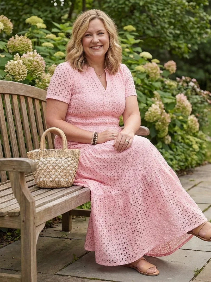Evie - Boho Women's Summer Midi Dress with V-Neck and Eyelet Detail