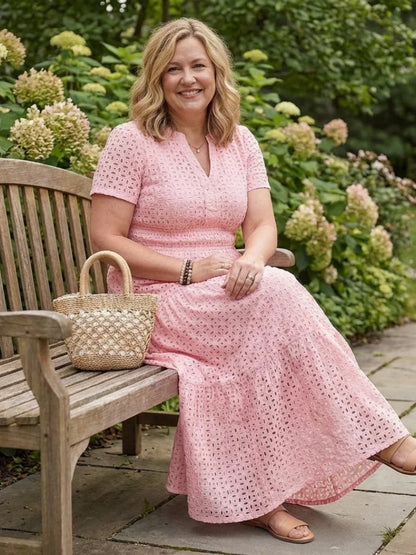 Evie - Boho Women's Summer Midi Dress with V-Neck and Eyelet Detail