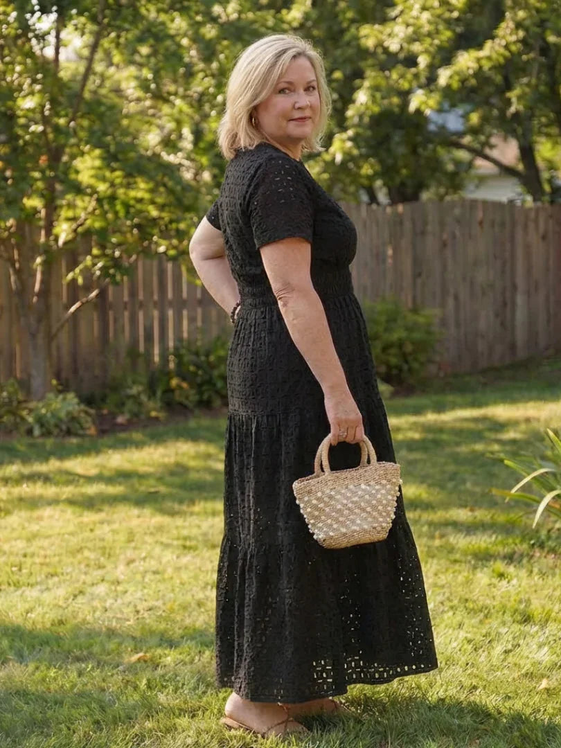 Evie - Boho Women's Summer Midi Dress with V-Neck and Eyelet Detail