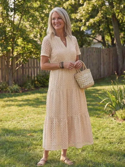 Evie - Boho Women's Summer Midi Dress with V-Neck and Eyelet Detail