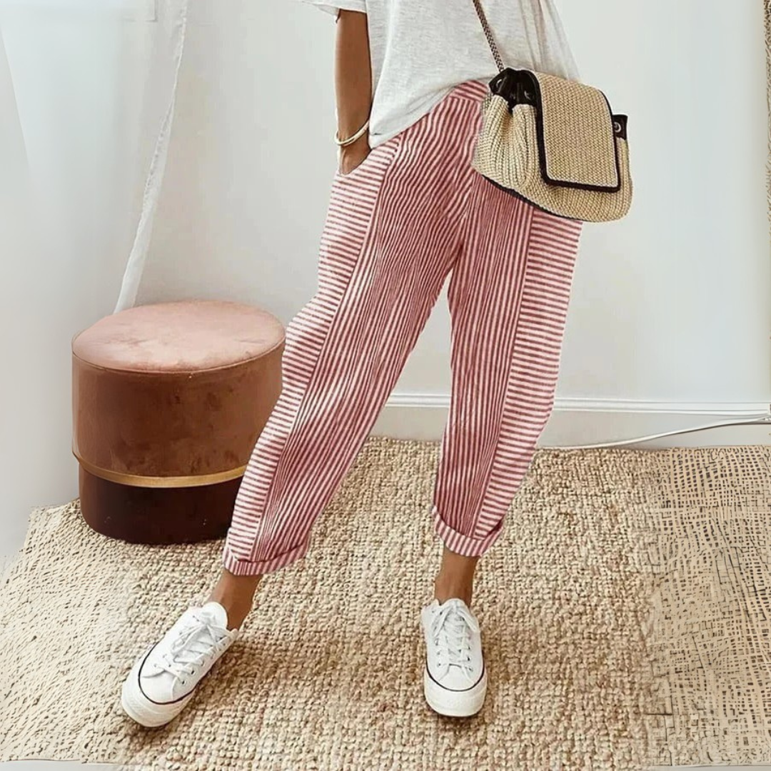 Evie - Casual Women's Linen Pants with Striped Print and Cuffed Tapered Leg