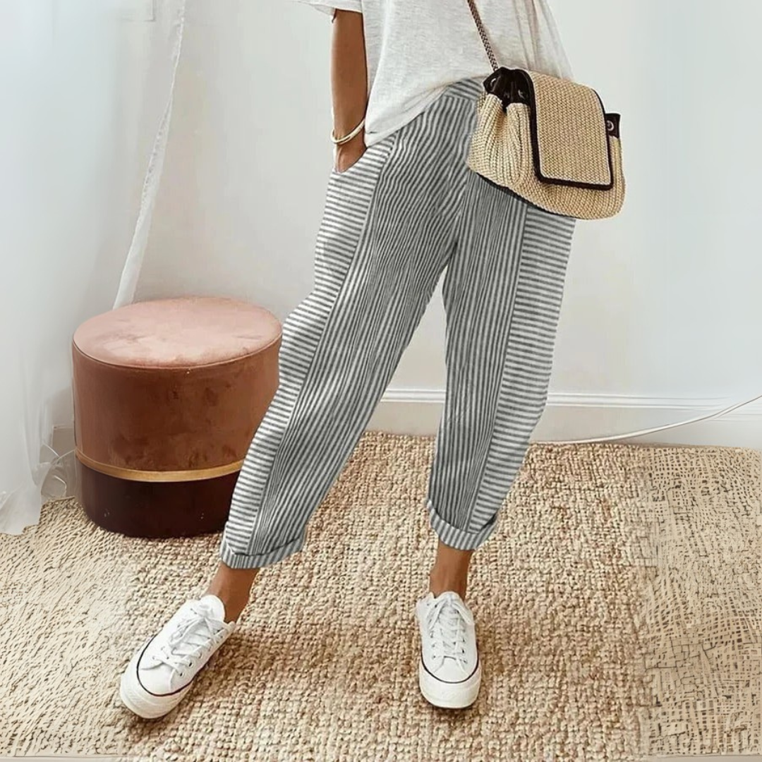 Evie - Casual Women's Linen Pants with Striped Print and Cuffed Tapered Leg