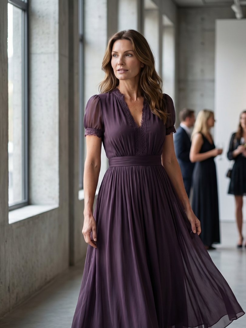Evie - Elegant Women's Maxi Dress with V-Neck and Pleated Skirt