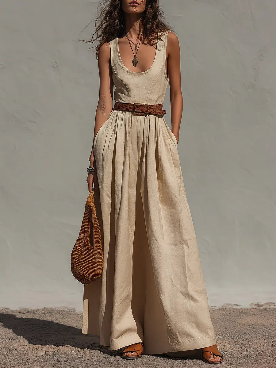 Faith - Vintage Women's Linen Jumpsuit with Belted Waist and Wide Legs