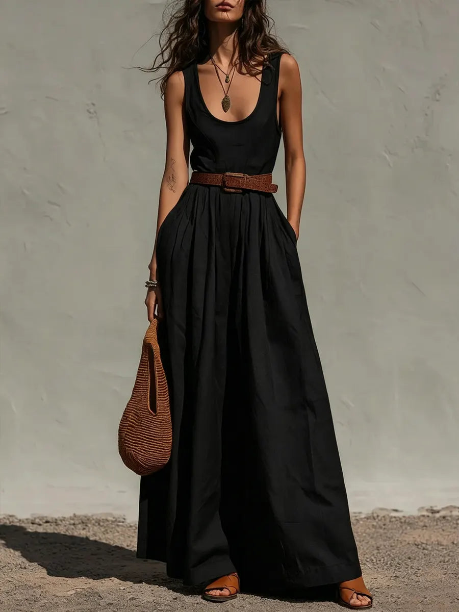 Faith - Vintage Women's Linen Jumpsuit with Belted Waist and Wide Legs