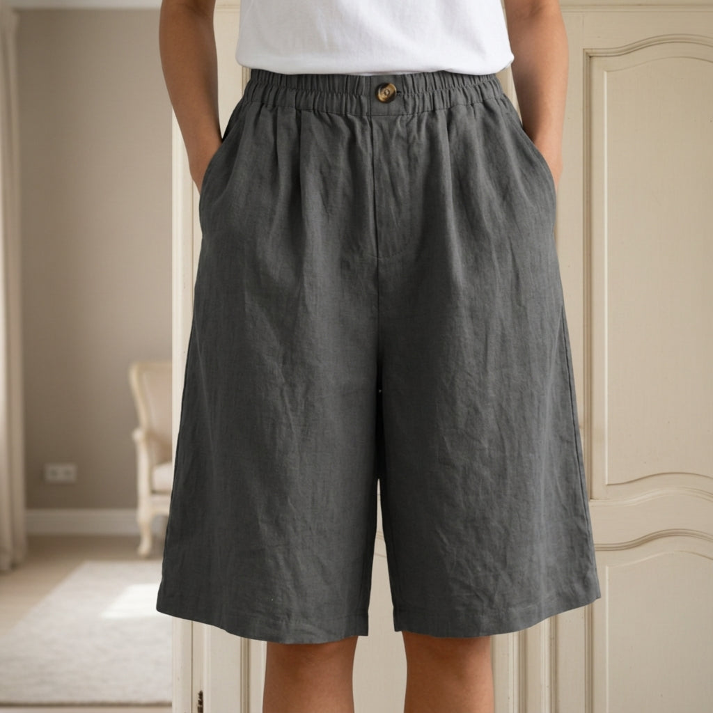 Felicity - Smart Women's Linen Shorts with Elastic Waist and Pleated Front
