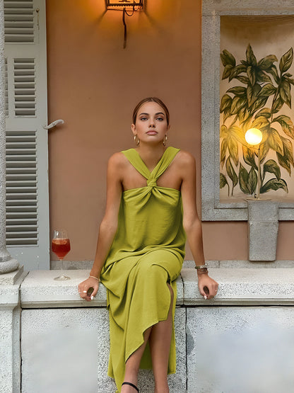 Fiona - Casual Women's Maxi Dress with Twist Halter Neck and Asymmetric Hem