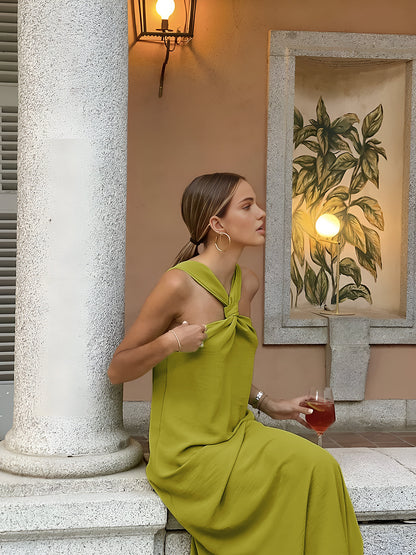 Fiona - Casual Women's Maxi Dress with Twist Halter Neck and Asymmetric Hem
