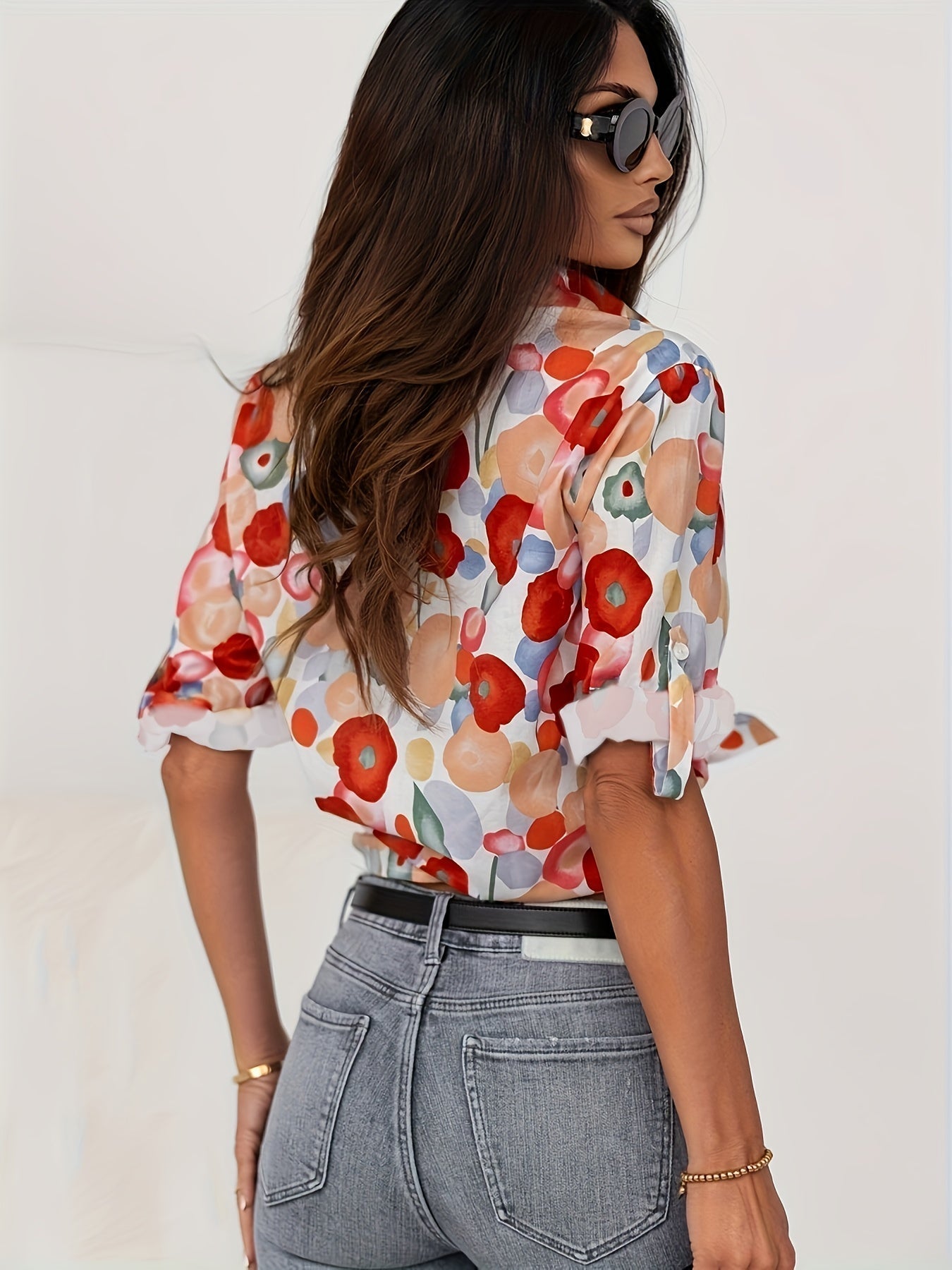 Florence - Boho Women's Linen Blouse with V-Neck Collar and Floral Print