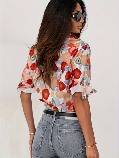 Florence - Boho Women's Linen Blouse with V-Neck Collar and Floral Print