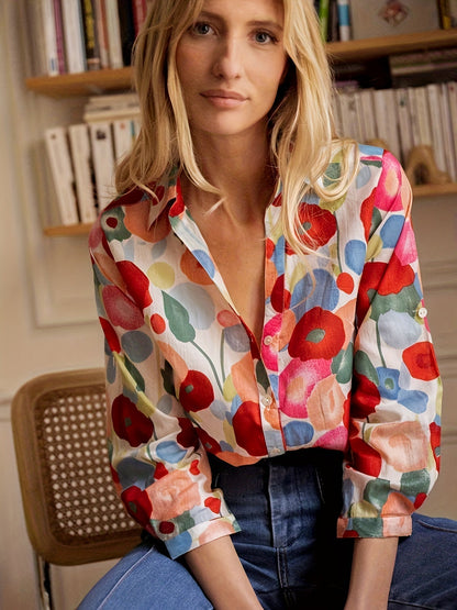 Florence - Boho Women's Linen Blouse with V-Neck Collar and Floral Print