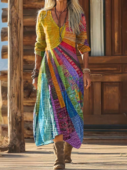 Florence - Boho Women's Maxi Dress with V-Neckline and Long Sleeves