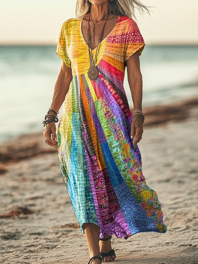 Florence - Boho Women's Maxi Dress with V-Neckline and Long Sleeves