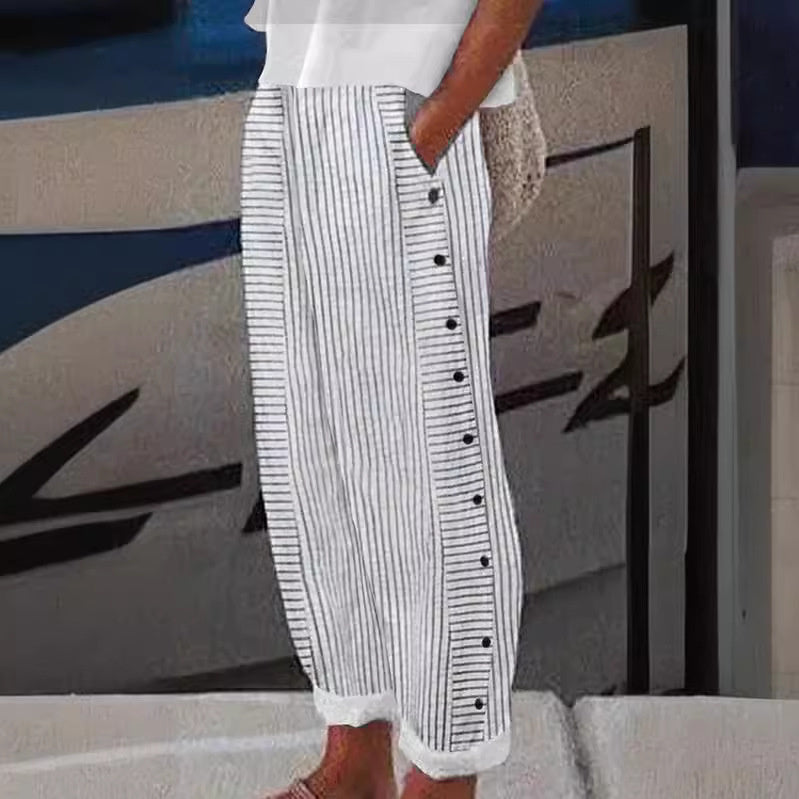 Florence - Casual Women's Linen Trousers with Side Button Detail and Wide Leg