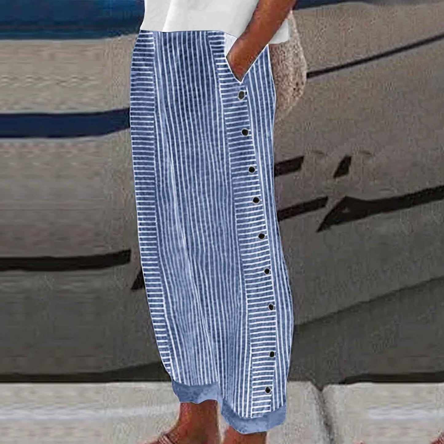 Florence - Casual Women's Linen Trousers with Side Button Detail and Wide Leg