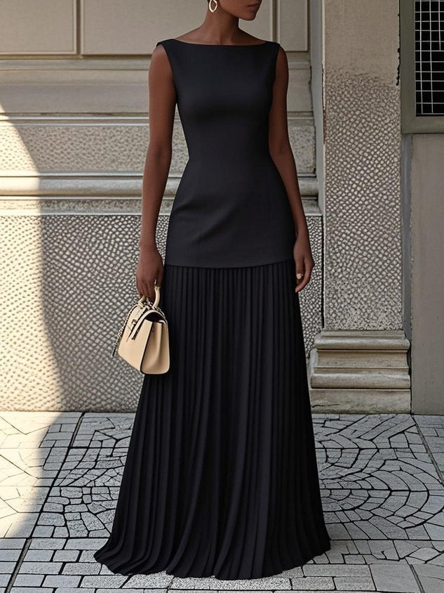 Florence - Chic Women's Wedding Guest Maxi Dress with Bateau Neck and Pleated Skirt