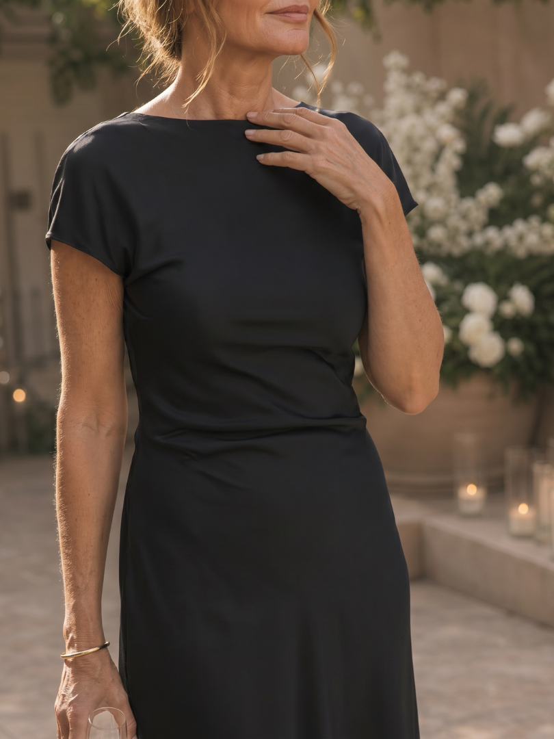 Florence - Formal Women's Wedding Guest Dress with Cap Sleeves and Ruched Waist