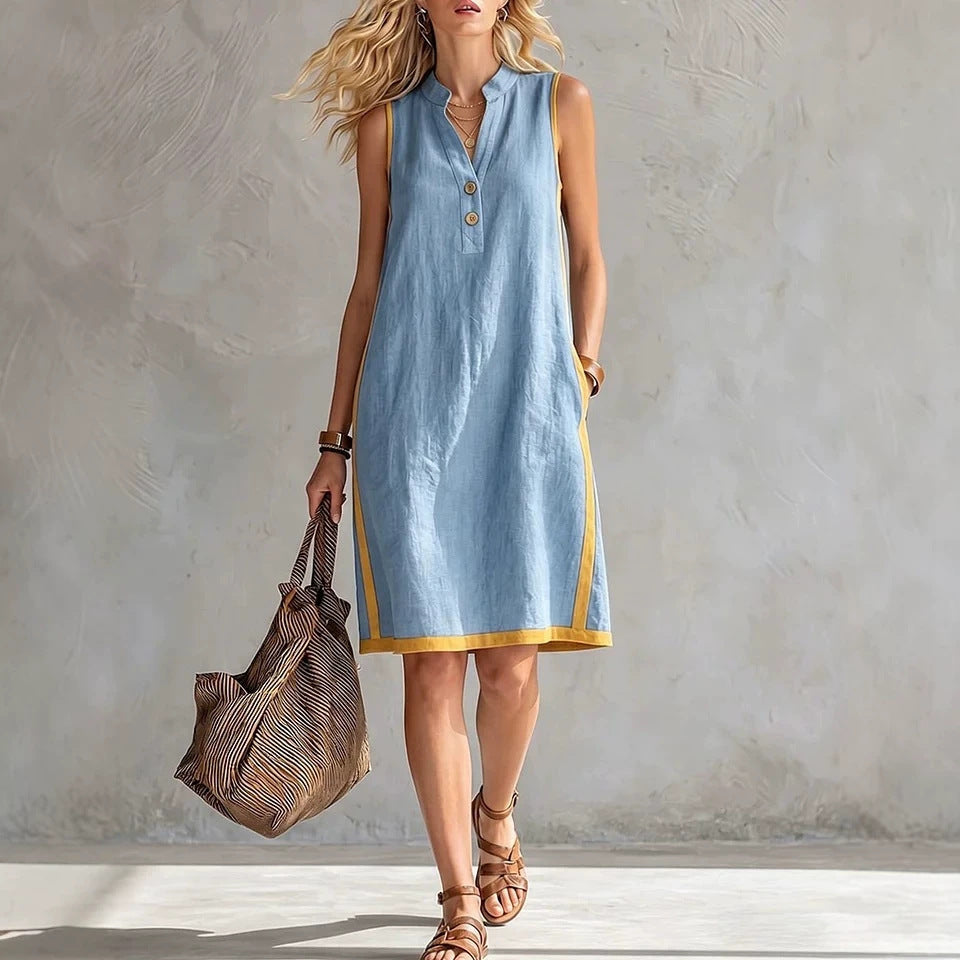 Florence - Preppy Women's Linen Midi Dress with Contrast Trim and Pockets
