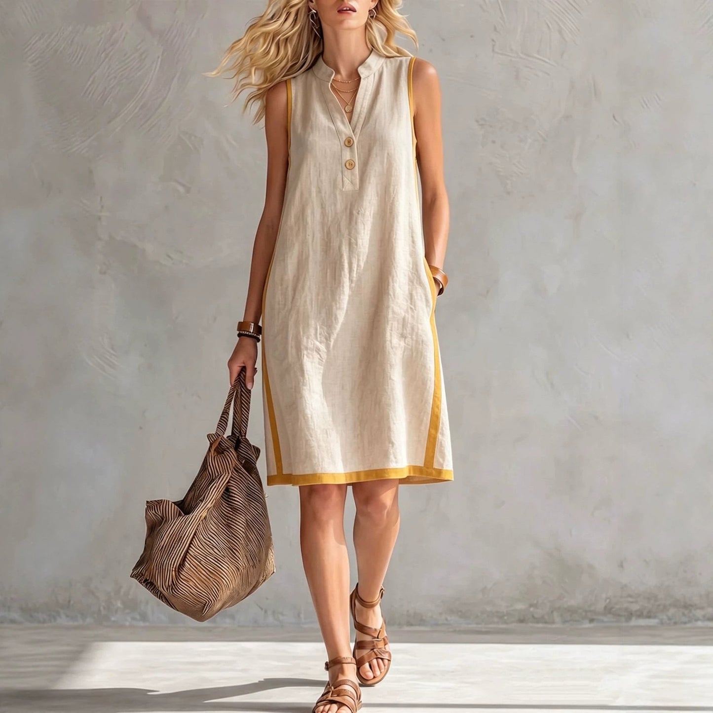 Florence - Preppy Women's Linen Midi Dress with Contrast Trim and Pockets