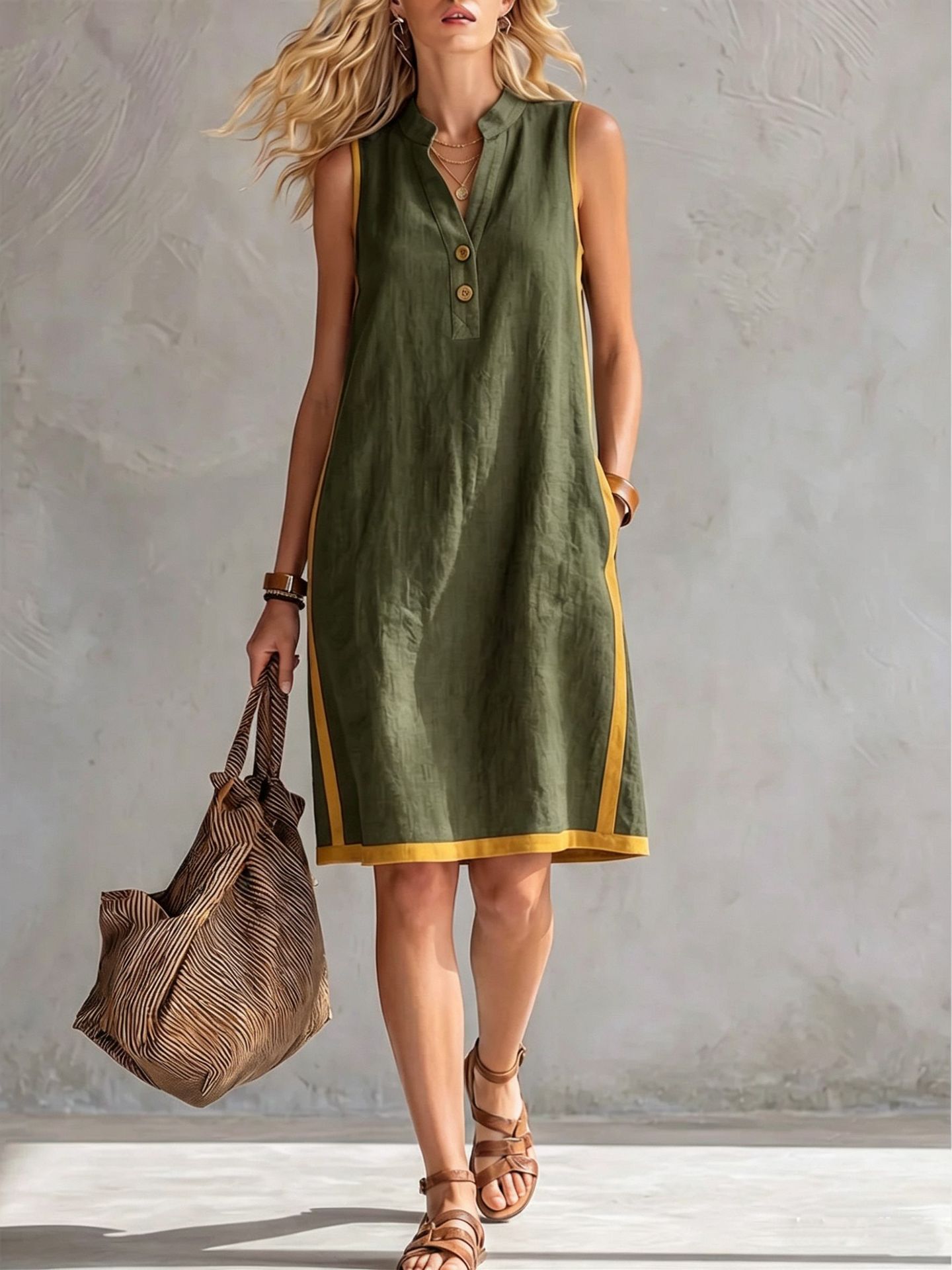 Florence - Preppy Women's Linen Midi Dress with Contrast Trim and Pockets