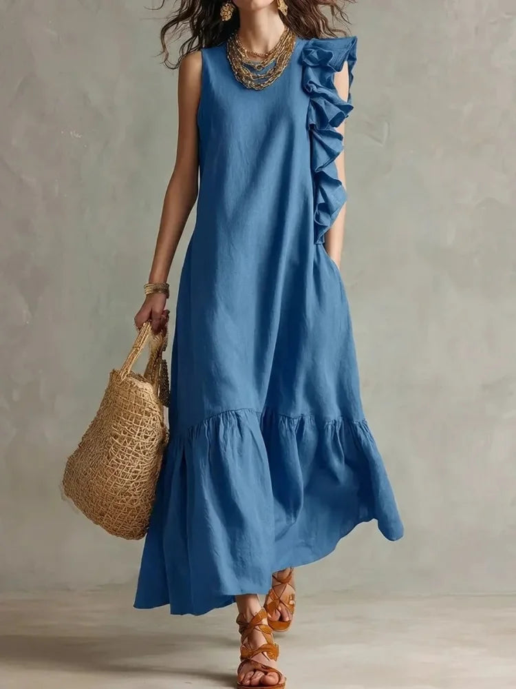 Freya - Boho Women's Maxi Dress with Round Neck and Ruffle Detail