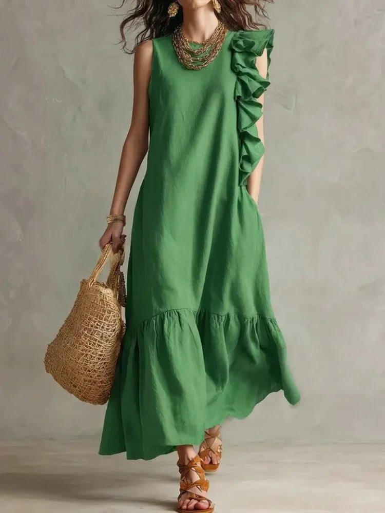 Freya - Boho Women's Maxi Dress with Round Neck and Ruffle Detail