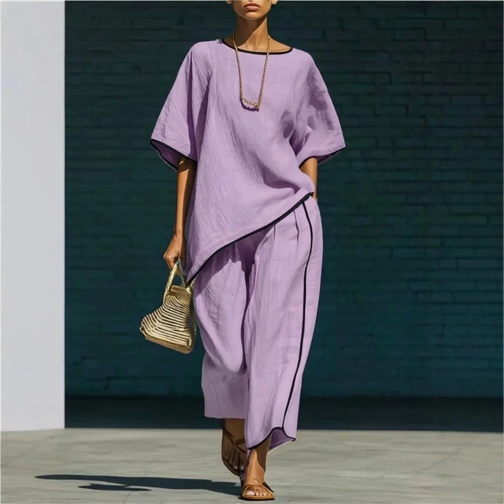 Freya - Casual Women's Linen Two-Piece Set with Round Neck and Wide-Leg Trousers