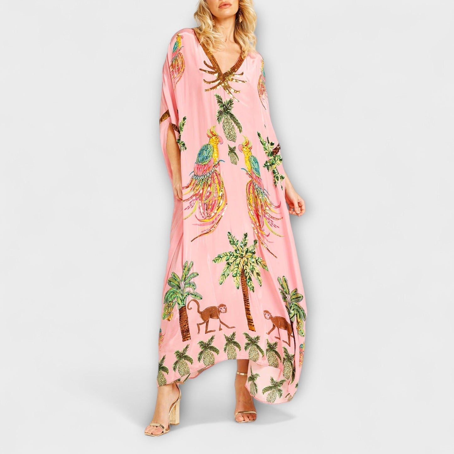 Freya - Casual Women's Maxi Dress with V-Neck and Flowy Kaftan Silhouette