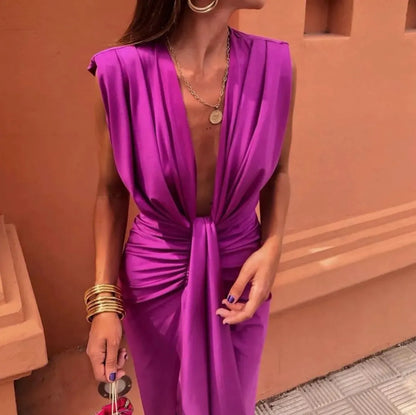 Freya - Elegant Women's Wedding Guest Maxi Dress with Deep V Neck and Ruched Front
