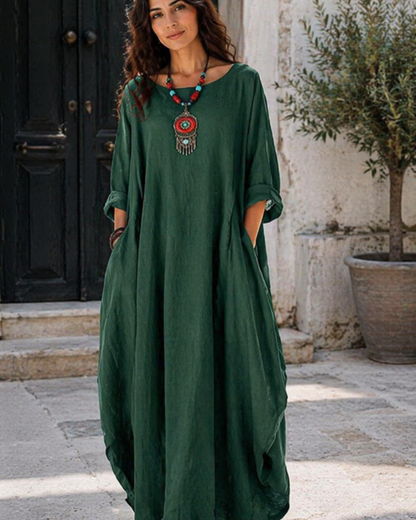 Freya - Vintage Women's Cotton Linen Dress with Batwing Sleeves