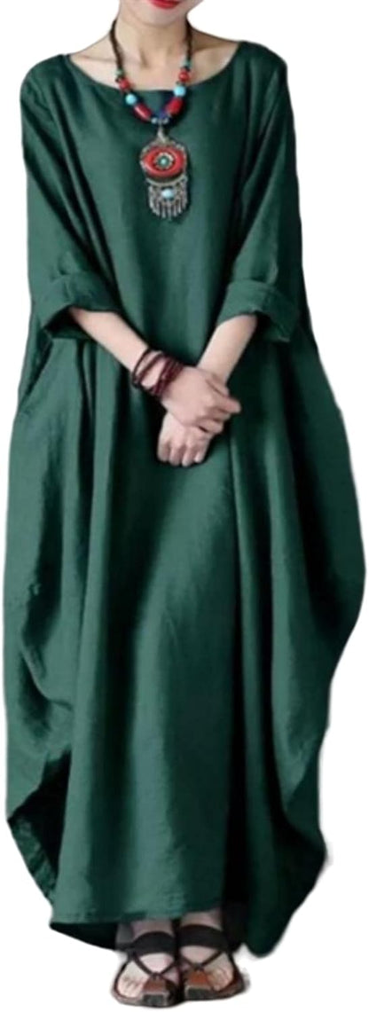 Freya - Vintage Women's Cotton Linen Dress with Batwing Sleeves
