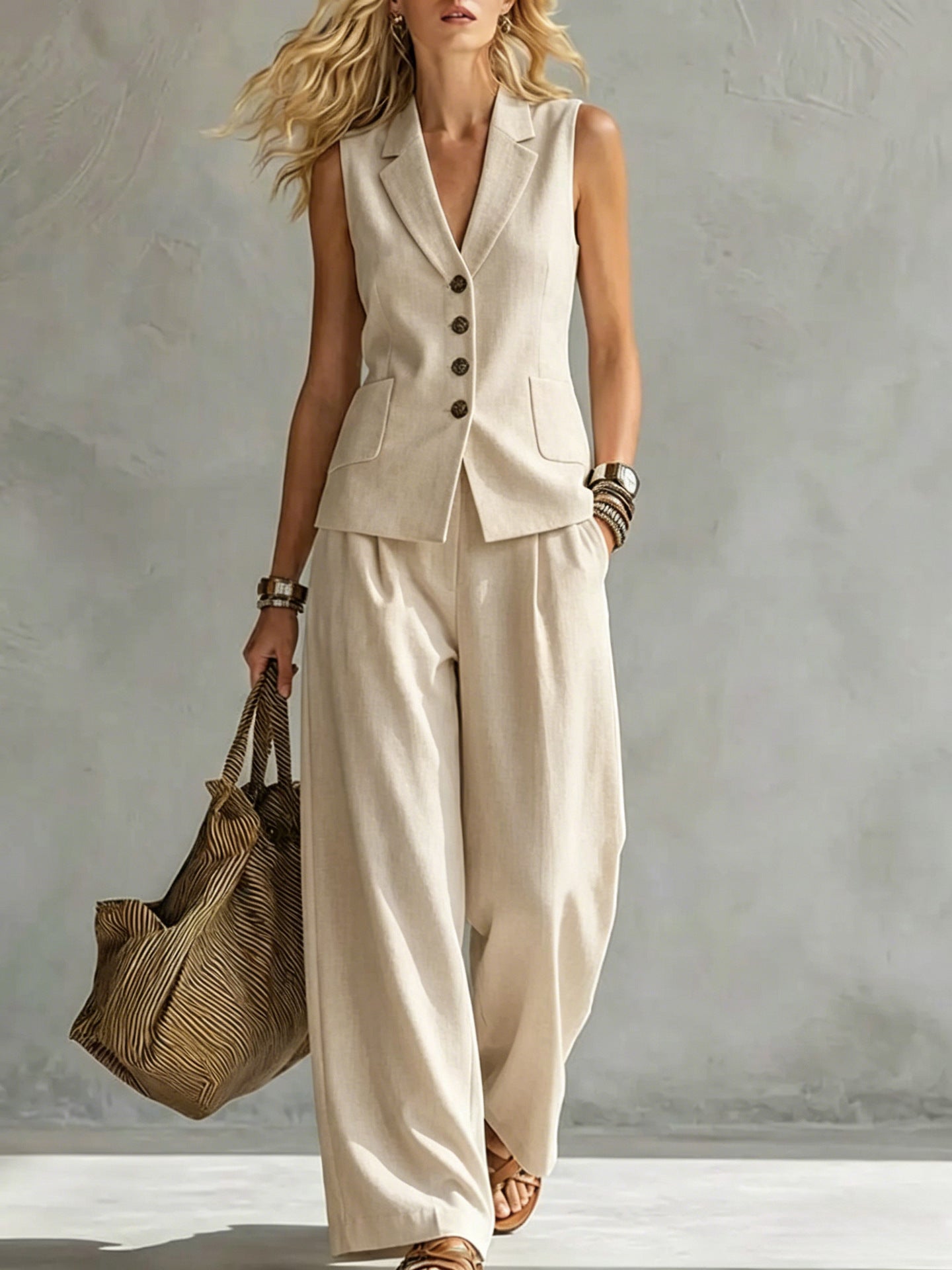 Genevieve - Smart Women's Linen Co-Ord Set with Tailored Waistcoat and Wide Leg Trousers