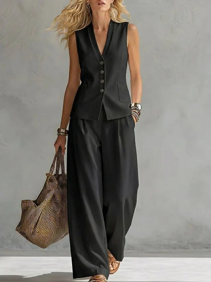 Genevieve - Smart Women's Linen Co-Ord Set with Tailored Waistcoat and Wide Leg Trousers