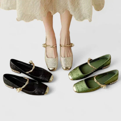 Genevieve - Vintage Women's Orthopedic Mary Janes with Square Toe and Pearl Ankle Tie