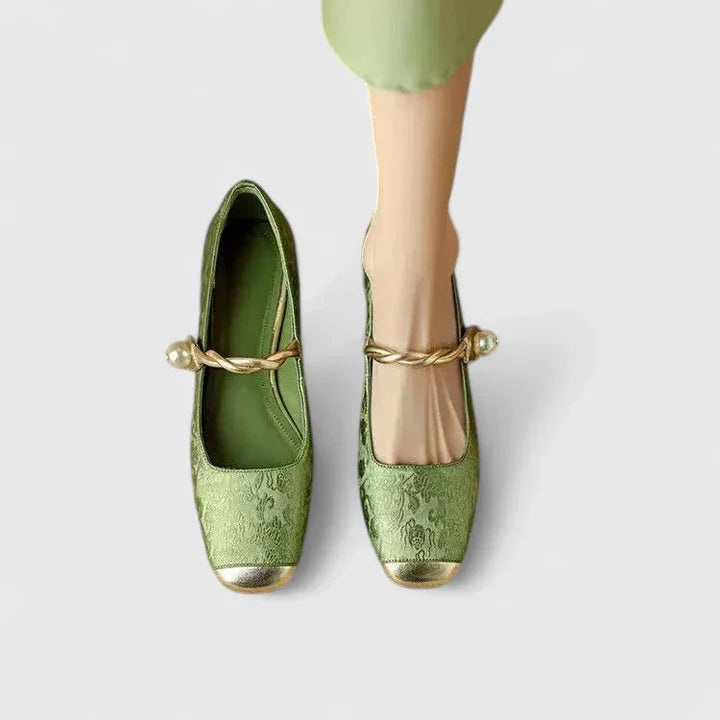 Genevieve - Vintage Women's Orthopedic Mary Janes with Square Toe and Pearl Ankle Tie