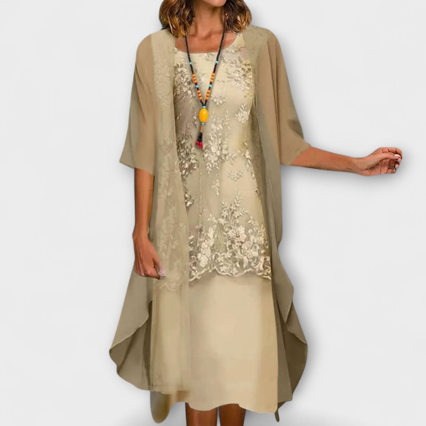 Georgia - Vintage Women's Maxi Dress with Layered Design and Three Quarter Sleeves