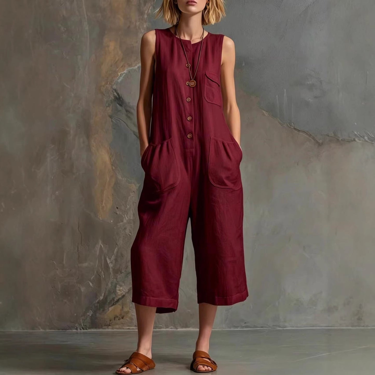 Grace - Casual Women's Linen Jumpsuit with Patch Pockets and Wide Leg