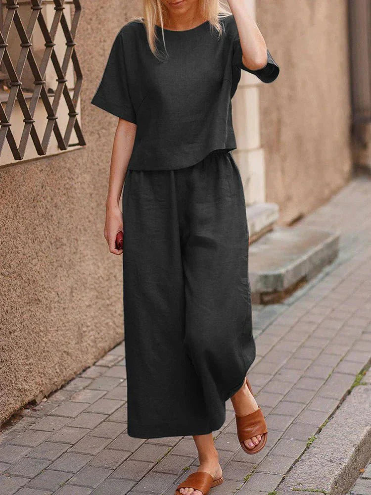Grace - Casual Women's Linen Set with Boxy Cropped Top and Wide Leg Culottes