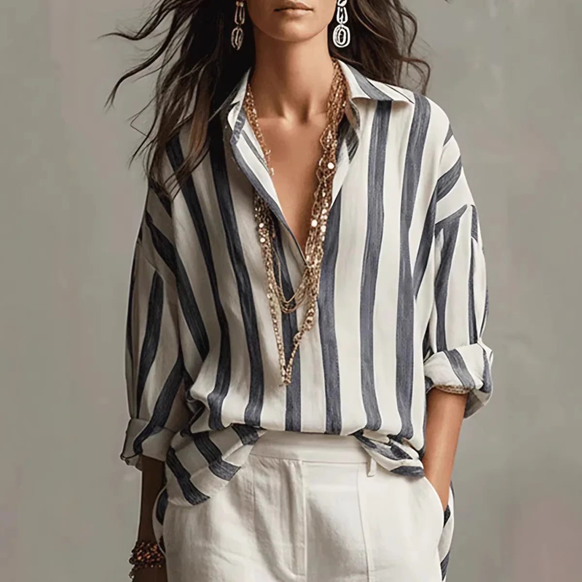 Grace - Chic Women's Striped Linen Blouse with Open V-Neck and Long Sleeves